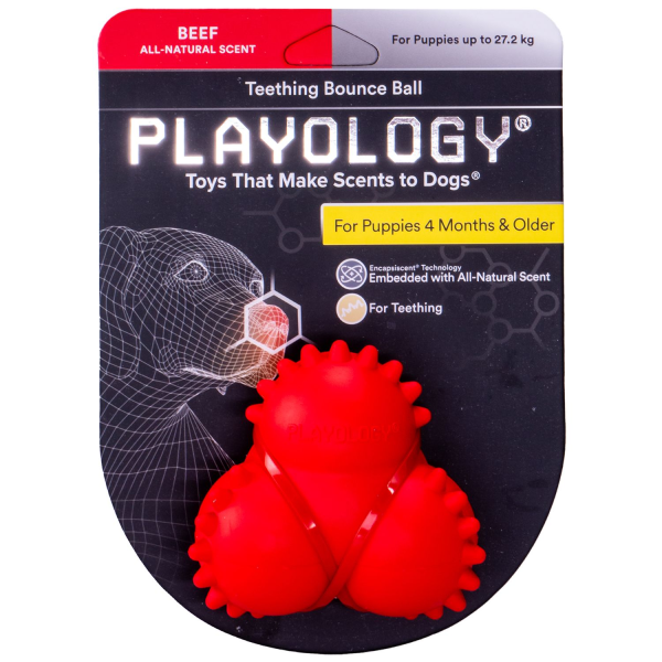 Игрушка для щенков Playology SQUEAKY BOUNCE BALL красный жевательный тройной мяч с ароматом говядины