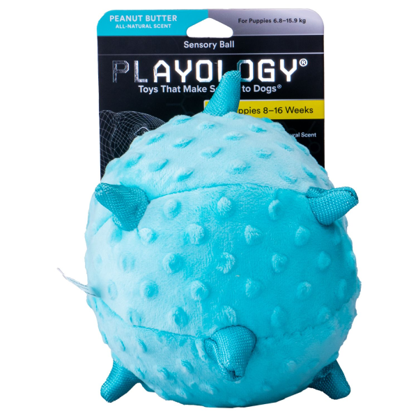 Игрушка для щенков мелких и средних пород Playology PUPPY SENSORY BALL 11 см голубой плюшевый мяч с ароматом арахиса