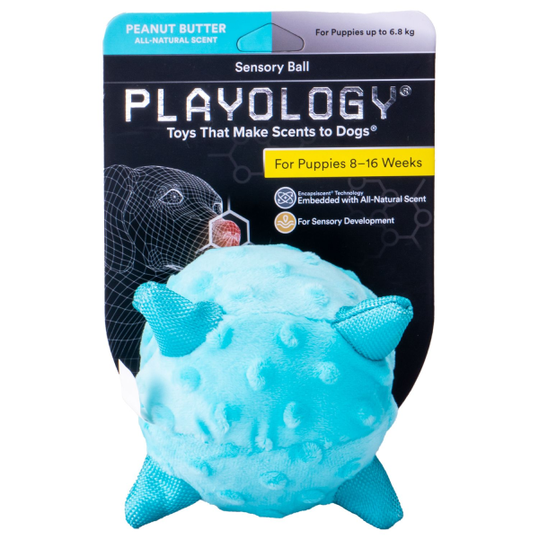 Игрушка для щенков средних и крупных пород Playology PUPPY SENSORY BALL 15 см голубой плюшевый мяч с ароматом арахиса