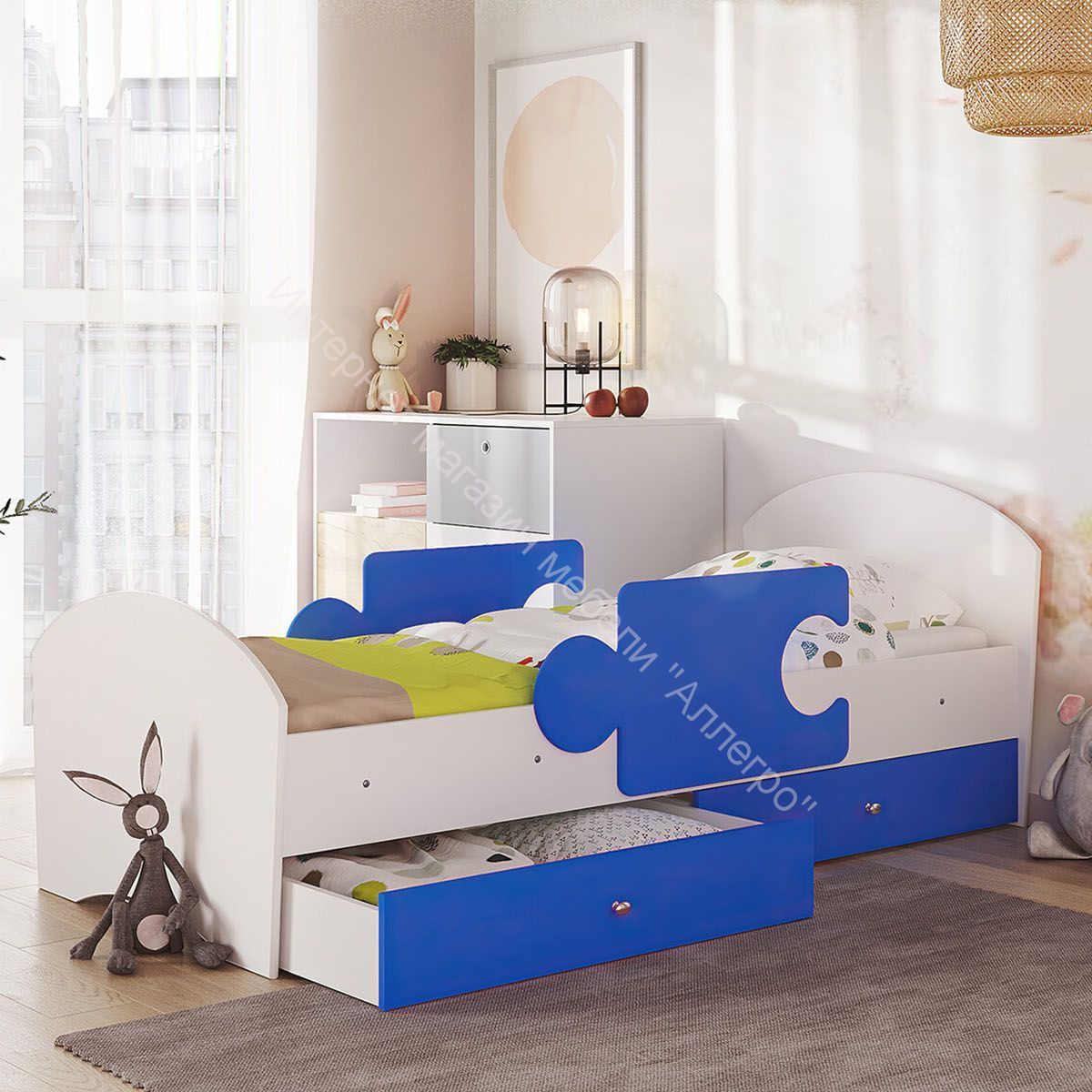Кровать Мозаика 800*1900 на ламелях с ящиками и бортиками, белый/синий