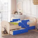 Кровать Мозаика 800*1900 на ламелях с ящиками и бортиками, млечный дуб/синий