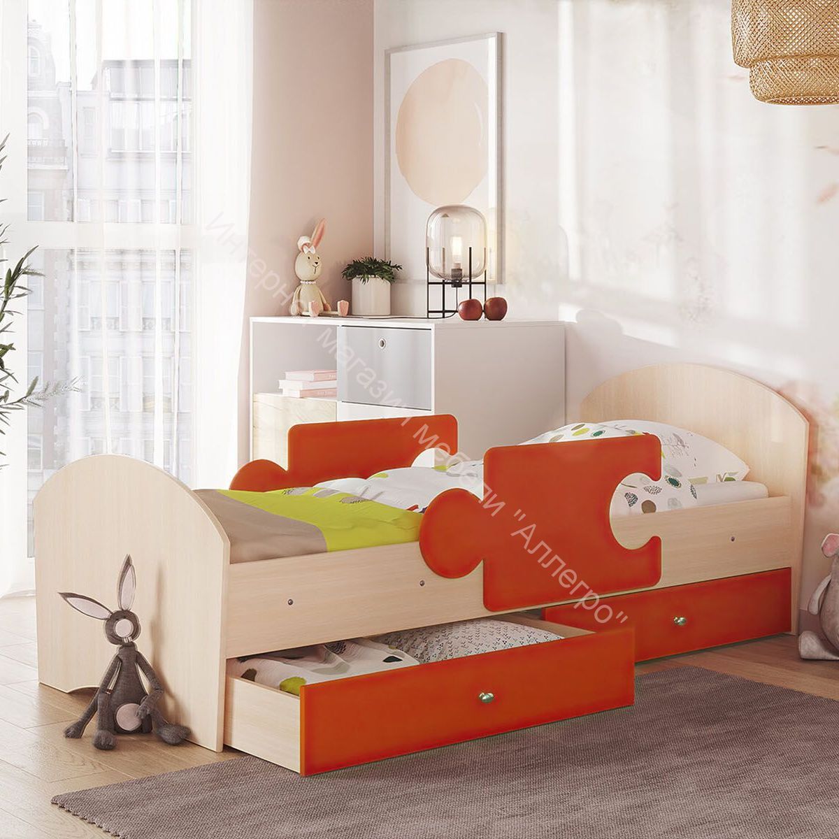 Кровать Мозаика 800*1900 на ламелях с ящиками и бортиками, млечный дуб/оранжевый