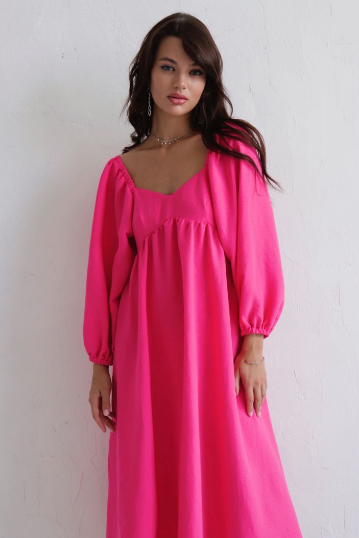 9813 Платье-миди с пышными рукавами ярко-розовое
