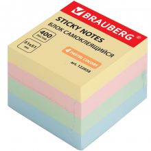 Блок самоклеящийся (стикеры), BRAUBERG, ПАСТЕЛЬНЫЙ, 51×51 мм, 400 листов, 4 цвета, 122858