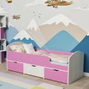 Кровать Малыш Мини 0,7*1,6 м с бортиком и 3-мя выкатными ящиками, Винтерберг/Розовый
