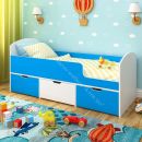 Кровать Малыш Мини 0,7*1,6 м с бортиком и 3-мя выкатными ящиками, Белое дерево / Голубой