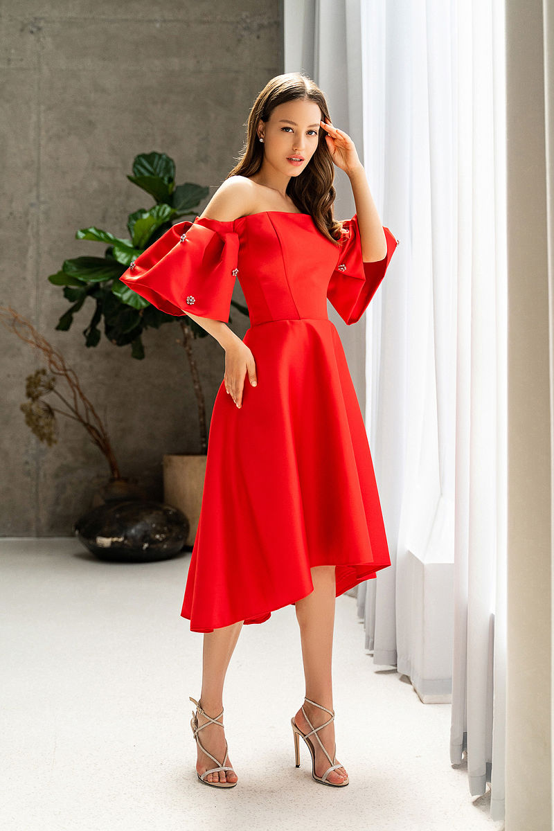 Красное вечернее платье с объемными рукавами Арт.774