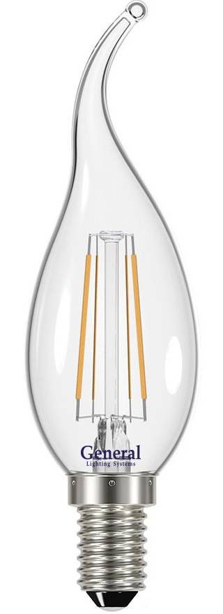 Светодиодная лампа General Свеча на ветру E14 7W(605lm) 2700K 2K 35x118 филамент (нитевидная), прозр.  647100