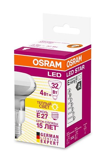Светодиодная лампа OSRAM R63 E27 4W (360lm) 2700 2K 104x63 филамент прозр. (аналог 32Вт) 4058075055353