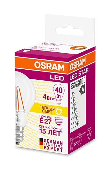 Светодиодная лампа OSRAM ЛОН A60 E27 4W(470lm) 2700K 2K 105x60 филамент прозр. (аналог 40Вт) 4058075055292