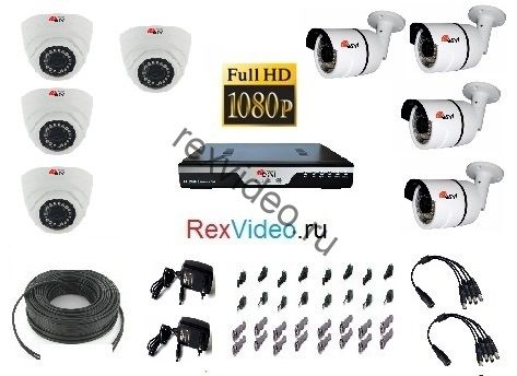 Комплект на 8 камер Full HD-1080p для улицы и помещения + 8-канальный видеорегистратор