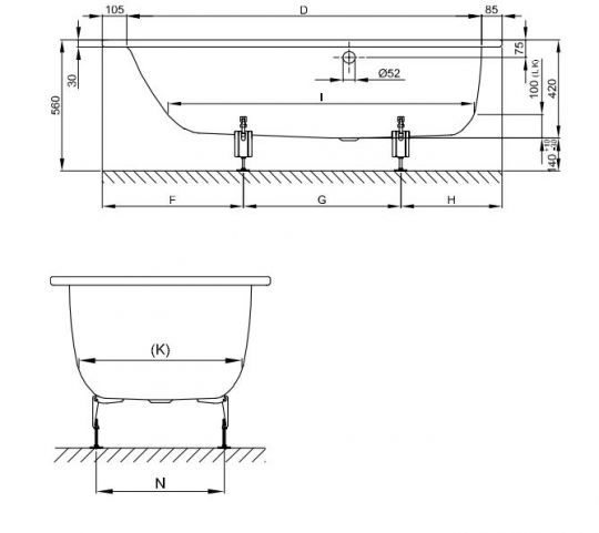 Прямоугольная стальная ванна Bette Select с боковым переливом 3432 левая 170х75 схема 3