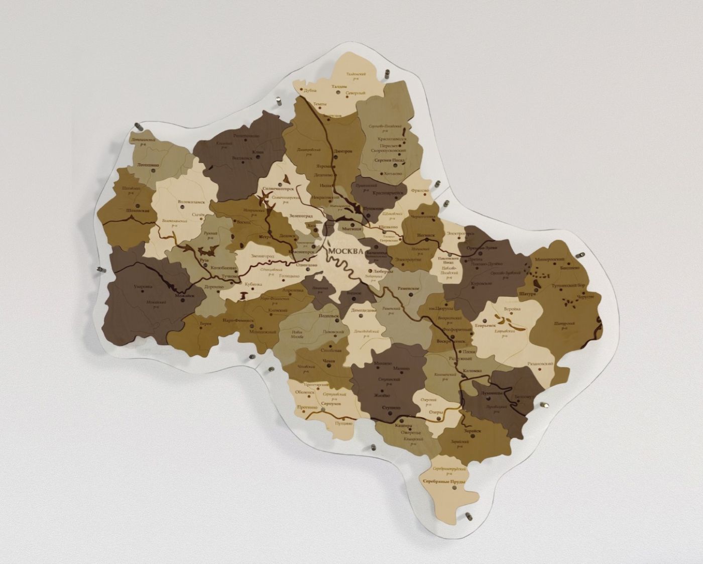Карта Московской области многоуровневая деревянная, на подложке из орг.стекла