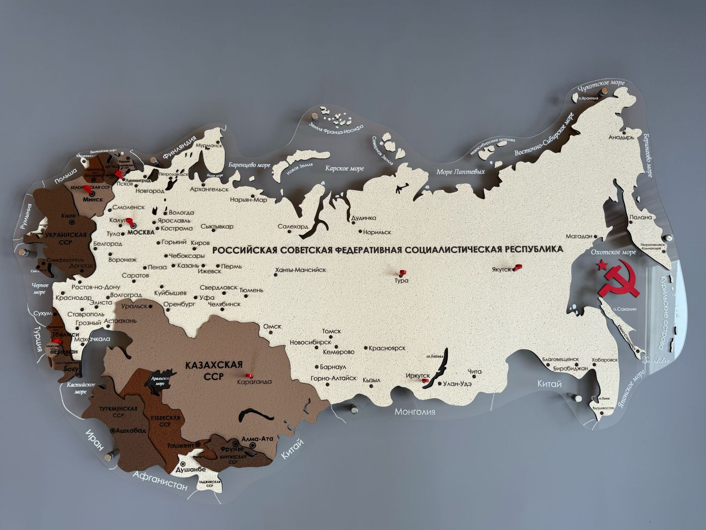 Карта СССР многоуровневая пробковая/деревянная, на подложке из орг.стекла