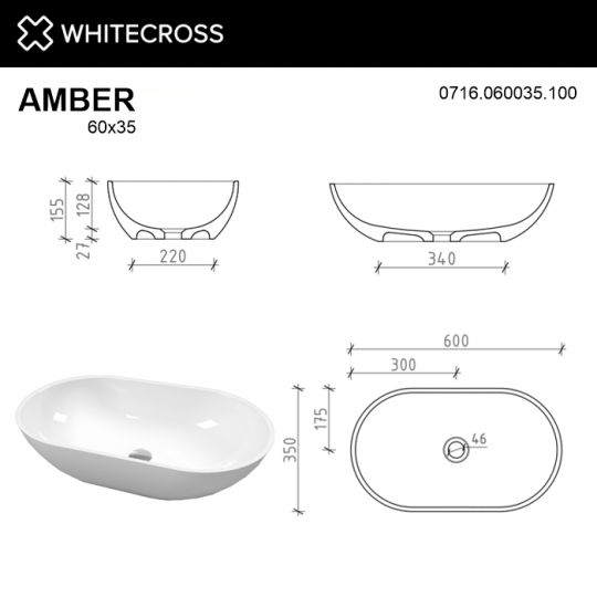 Белая глянцевая раковина WHITECROSS Amber 60x35 схема 6
