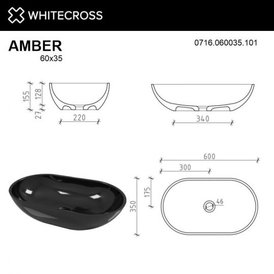 Глянцевая черная раковина WHITECROSS Amber 60x35 ФОТО