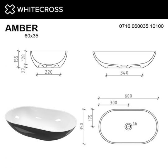 Раковина WHITECROSS Amber 60x35 (черный/белый глянец) схема 4