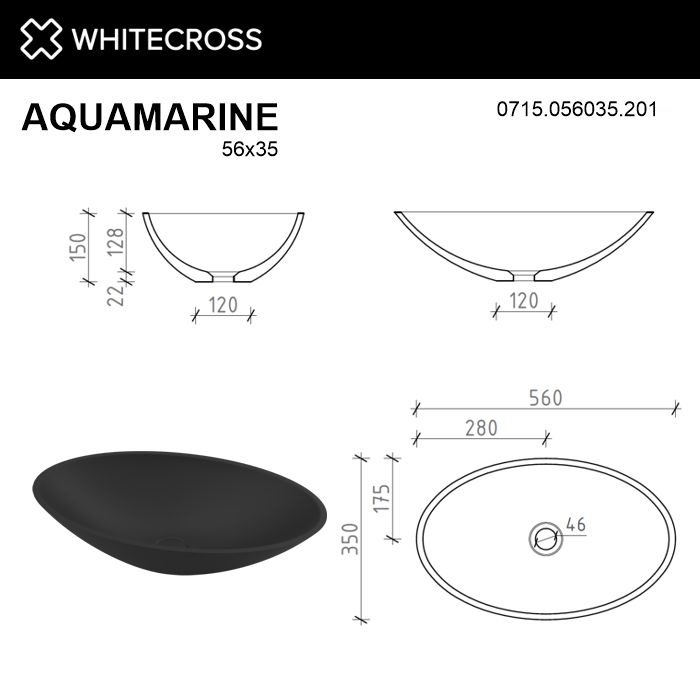 Черная матовая раковина WHITECROSS Aquamarine 56x35 схема 4