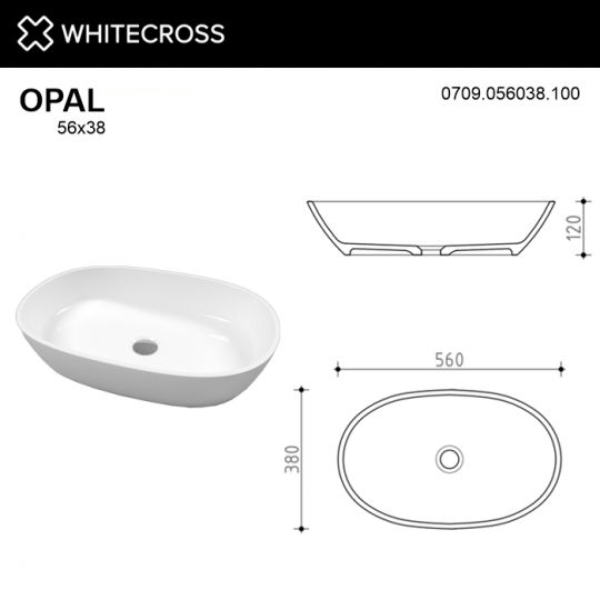 Белая глянцевая раковина WHITECROSS Opal 56x38 схема 6