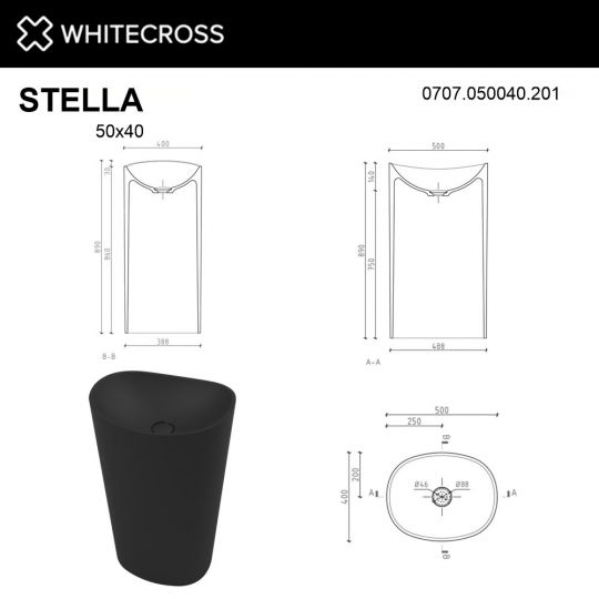 Черная матовая раковина WHITECROSS Stella 50x40 схема 3