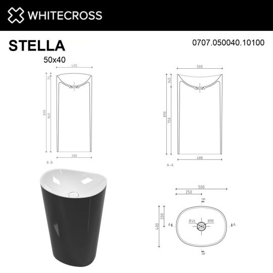 Раковина WHITECROSS Stella 50x40 (черный/белый глянец) схема 3