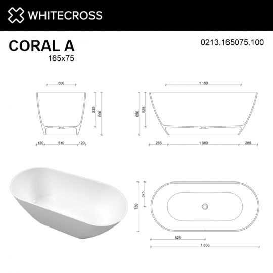 Овальная отдельностоящая ванна WHITECROSS Coral A 165x75 0213.165075 ФОТО