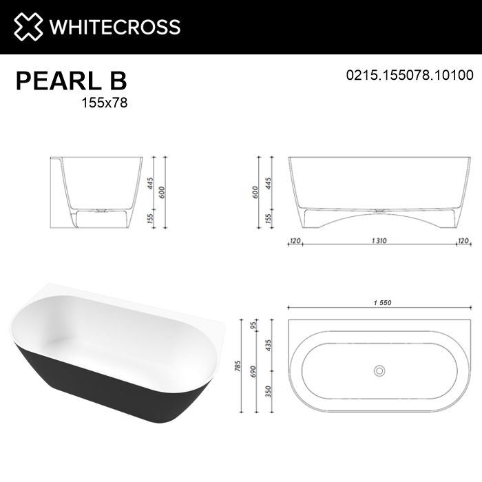 Пристенная ванна WHITECROSS Pearl B 155x78 0215.155078 из камня схема 26