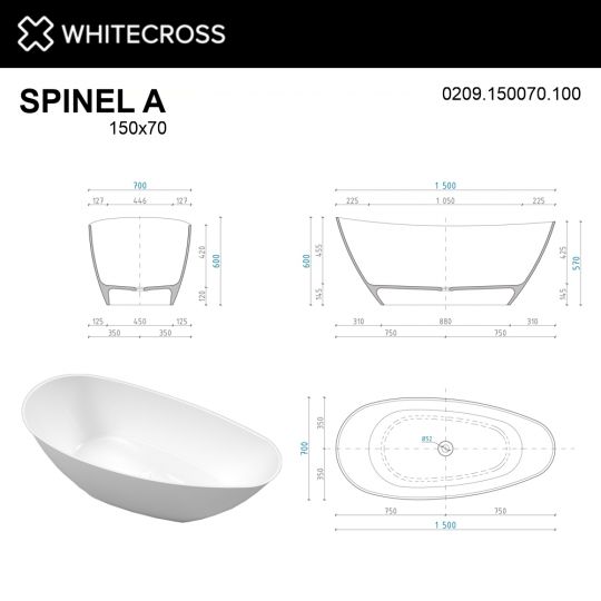 Отдельностоящая ванна WHITECROSS Spinel A 150x70 0209.150070 со сливом по центру схема 6