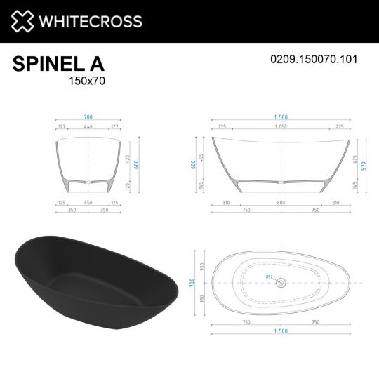 Отдельностоящая ванна WHITECROSS Spinel A 150x70 0209.150070 со сливом по центру схема 18