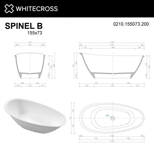 Овальная ванна WHITECROSS Spinel B 155x73 0210.155073 из камня схема 17