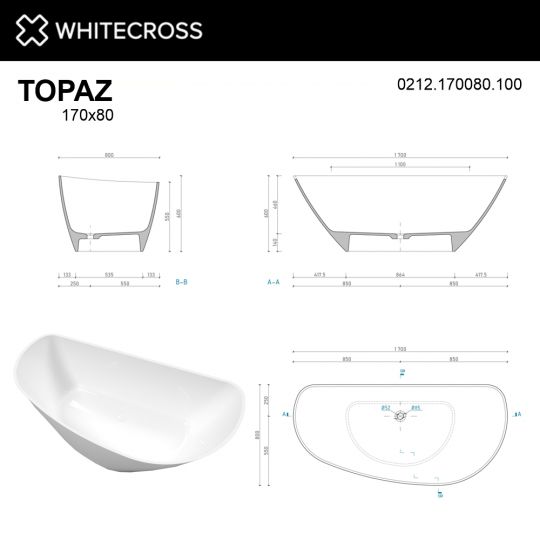 Асимметричная ванна WHITECROSS Topaz 170x80 0212.170080 из искусственного камня ФОТО