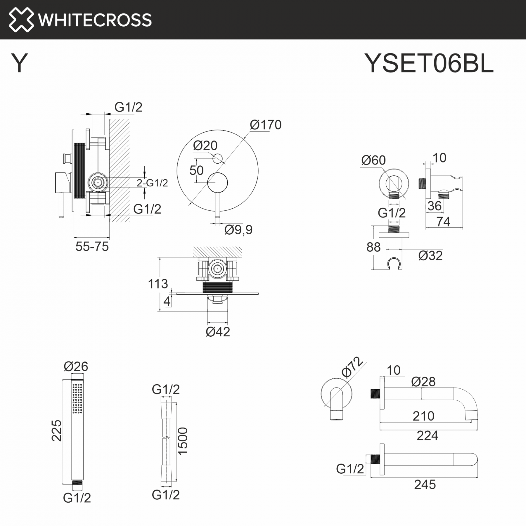 Душевая система с изливом скрытого монтажа WHITECROSS Y YSET06BL черный матовый схема 3