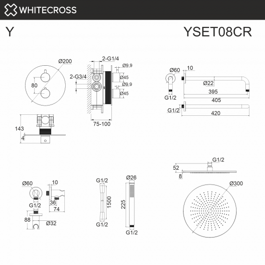Термостатическая душевая система скрытого монтажа WHITECROSS Y YSET08CR хром схема 3