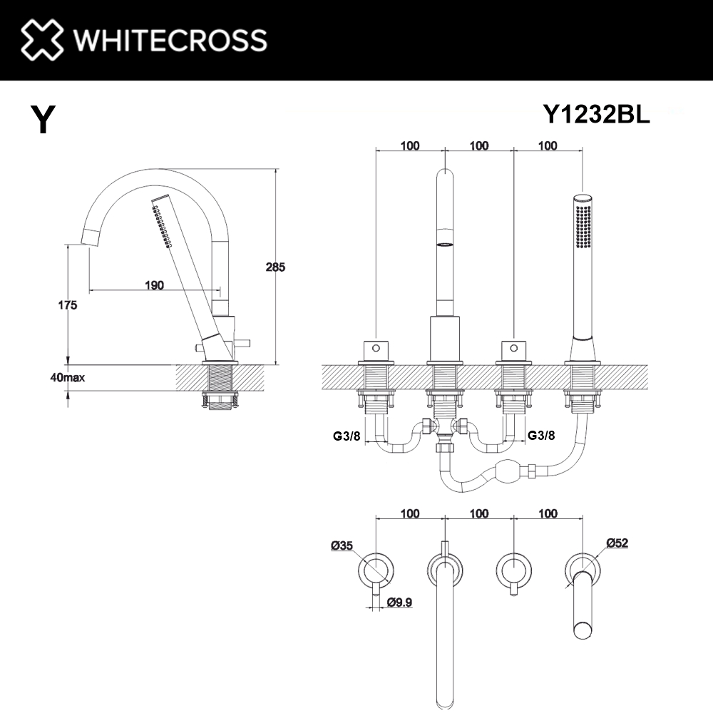 Смеситель для ванны на 4 отверстия WHITECROSS Y Y1232BL черный схема 3