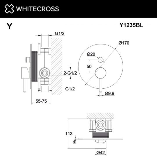 Смеситель для душа скрытого монтажа WHITECROSS Y Y1235BL черный схема 3