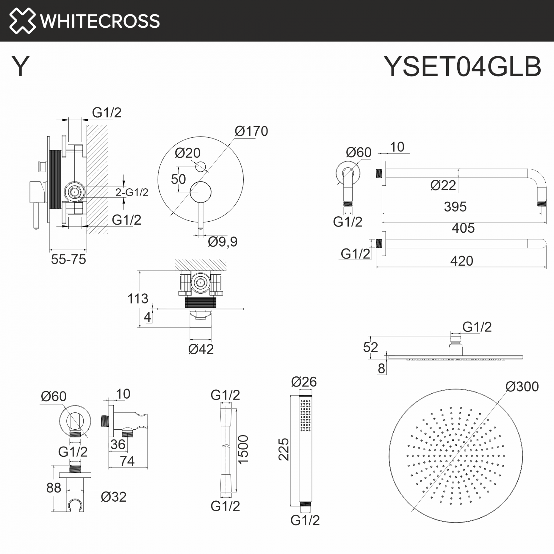 Встраиваемая душевая система WHITECROSS Y YSET04GLB золото браш схема 3