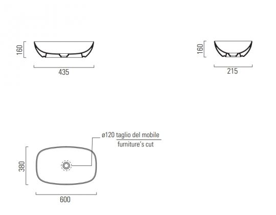 Раковина-чаша накладная овальная GSI NUBES 978317 380 мм х 600 мм, без перелива, цвет Cenere Matte схема 3