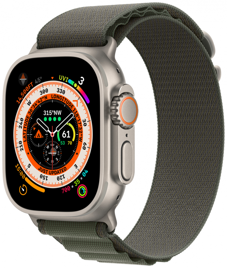 Apple Watch Ultra 49 мм Titanium Case GPS титановый/зеленый Alpine Loop (M)