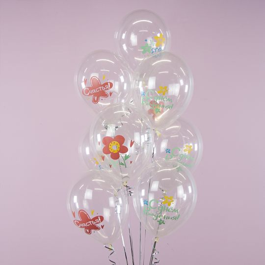 Фонтан из 10 прозрачных шаров с яркими цветами с гелием
