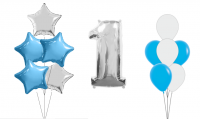 Фонтан шаров "Настроение на высоте" Фонтан состоит из: - 6 латексных шаров - 5 фольгированных фигур "Звезда" - 1 фольгированная фигура "Цифры" Количество товара ограничено. Готовая компазиция может отличаться от картинки