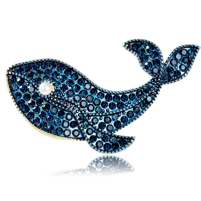 Брошь Синий кит металл со стразами и жемчугом (синий/ золотой) (XZ0131)