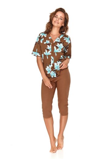Пижама женская TARO Ksenia 2679-01, рубашка и бриджи, коричневый, хлопок 100%