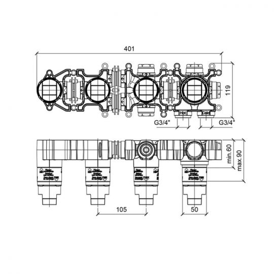 Скрытая часть термостата Almar Modular на 2 потребителя E169003 ФОТО