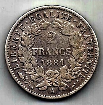 2 франка 1881 Франция Редкий год
