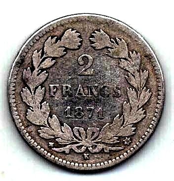 2 франка 1871 Франция К Без девиза Редкость