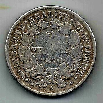 2 франка 1870 Франция Редкость