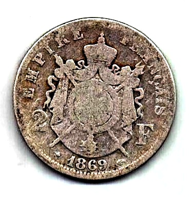 2 франка 1869 Франция Редкий год