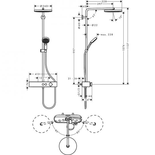 Душевая система Hansgrohe Pulsify S Showerpipe 260 1jet 24220000 с термостатом хром схема 4