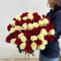 51 белая и красная роза Эквадор в ленте (от 50см)