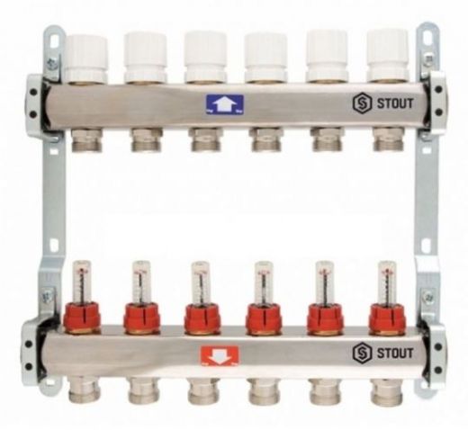 Stout 1" x 3/4" на 6 выходов коллектор с расходомерами из нерж. стали (SMS-0917-000006)